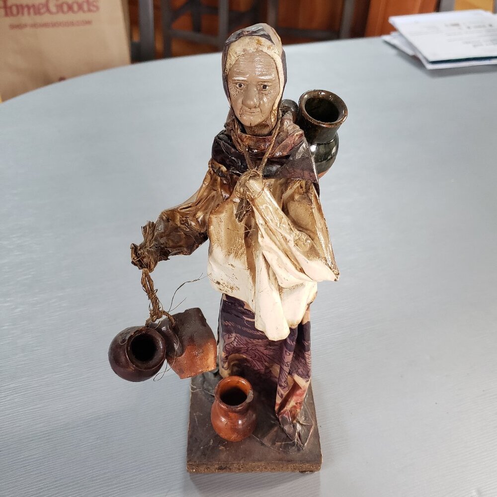 Vintage Paper Mache Old Woman Colorful Sculpture W/ Clay Urns Mexican Folk Art